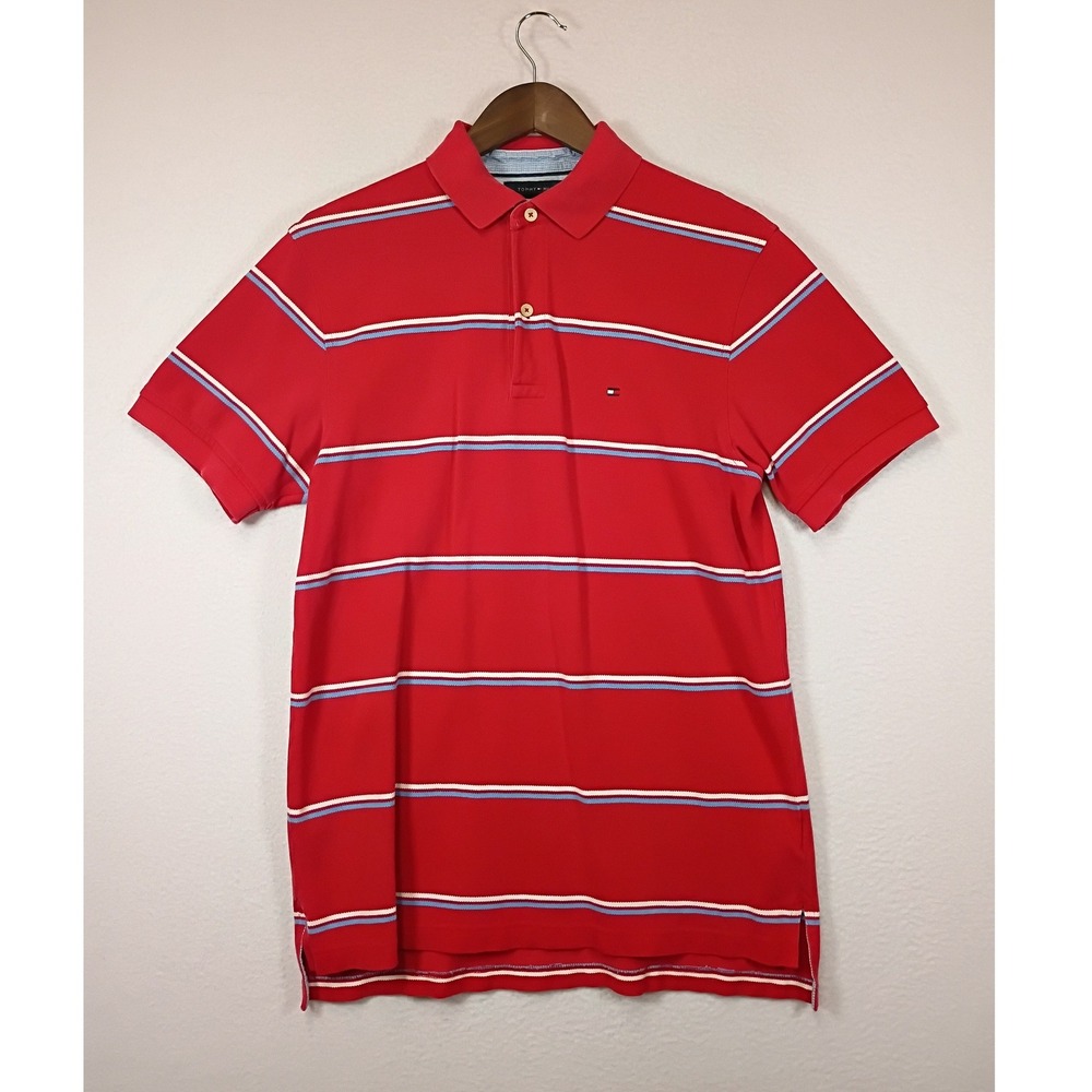 Preppy Tommy Hilfiger Mens Medium‎ Red Striped Short Sleeve Cotton Polo Shirt